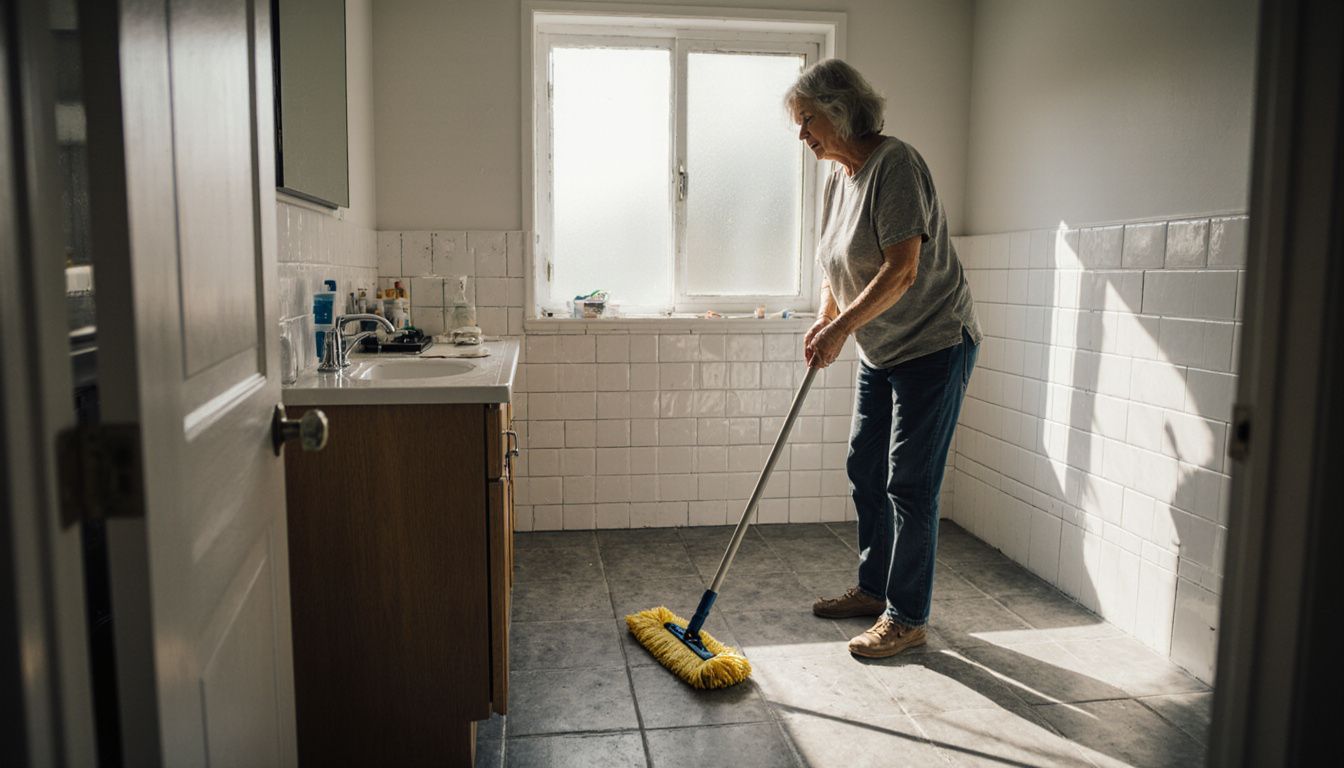 Een vrouw moppt de badkamervloer op een gewone middag.