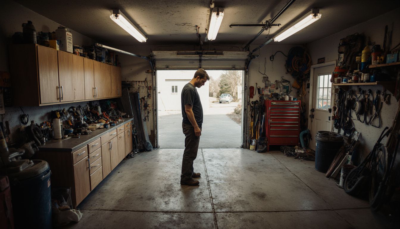 Een man in zijn garage kijkt tevreden naar de vloer. Een man in zijn garage kijkt tevreden naar de vloer.