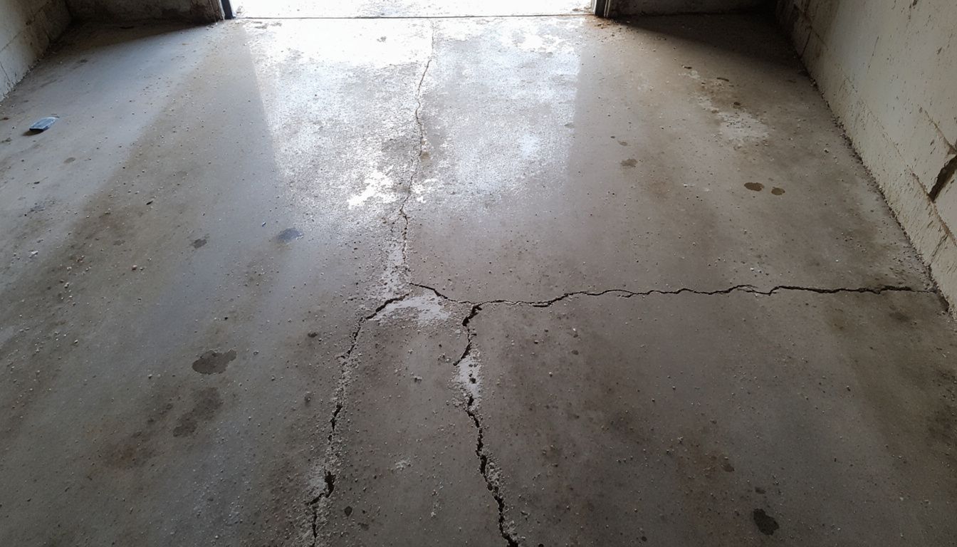 Verwaarloosde betonnen vloer in een oude garage of kelder.