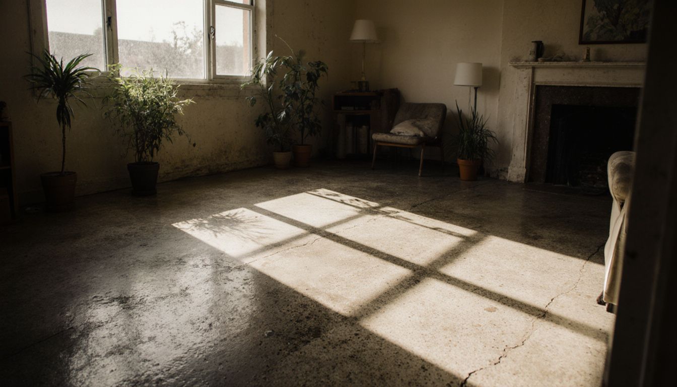 Een gewone woonkamer met een betonnen vloer en wat planten. Een gewone woonkamer met een betonnen vloer en wat planten.